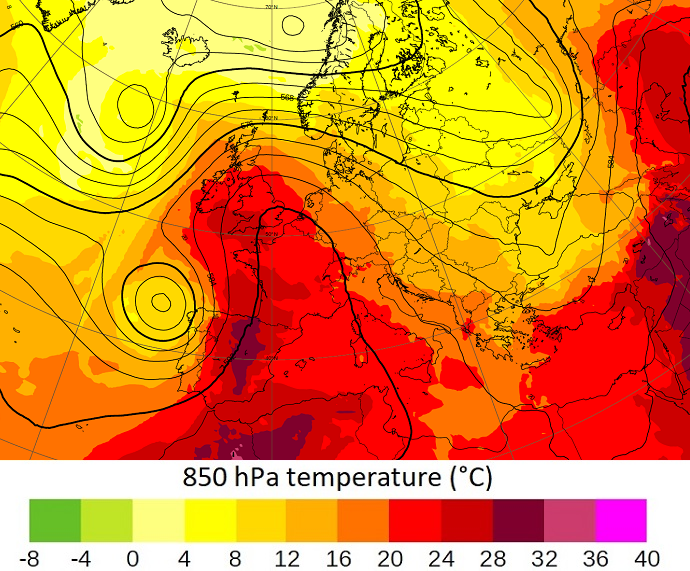 18-hour forecast of 500 hPa geopotential height and 850 hPa temperature from 00 UTC 18 July 2022
