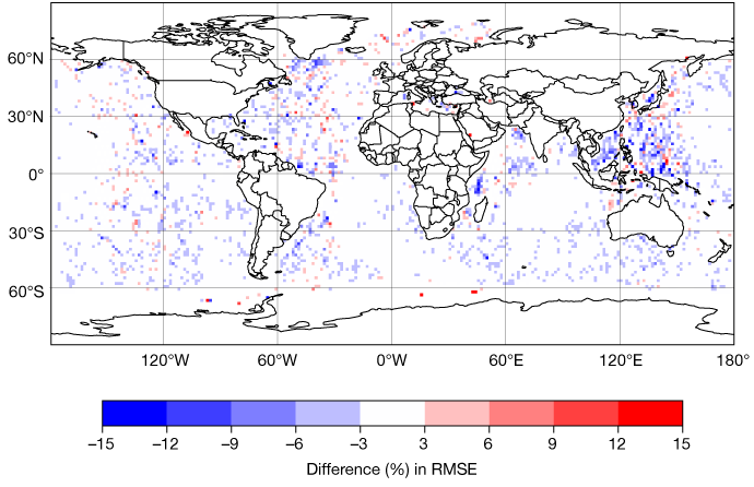 Difference in RMSE between ML-prototype and classical wave model for significant wave height forecasts comparison of machine-learned prototype against classical wave model in root mean squared error (RMSE) of significant wave height forecasts (lead time of 48 h to 72 h) against satellite observations