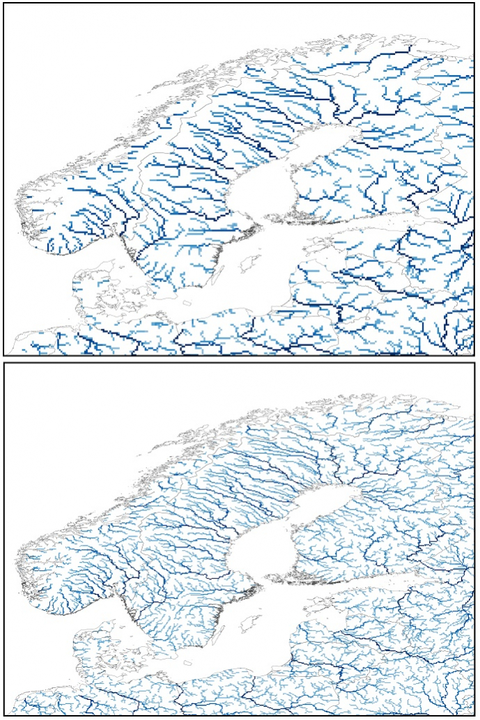 Representation of rivers in Scandinavia in GloFAS v3.1 and GloFAS v4.0