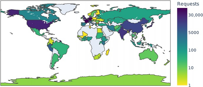 Number of CDS requests for GloFAS hydrological reanalysis per country