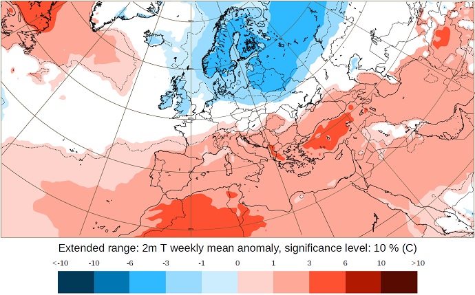 Forecast of 2 m temperature anomaly from 28 November 2022