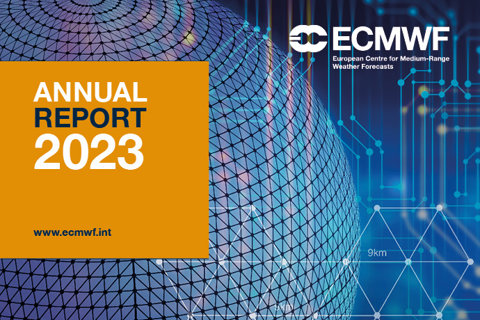 Excerpt from ECMWF Annual Report 2023 cover image showing globe with overlaid grid, 9 km resolution and digital networks