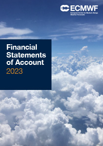 ECMWF FSA 2023 cover thumbnail. Blue sky and white clouds in background. Text: ECMWF Financial Statements of Account 2023