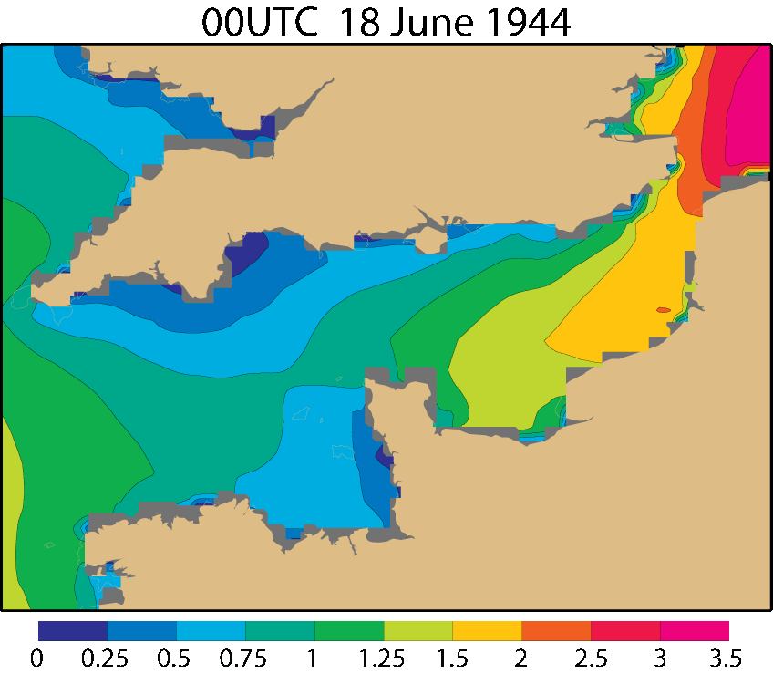  Significant wave height (metres) for 18 to 23 June  from a wave model with 0.1O grid, driven by winds from successive 6h, 9h, 12h and 15h forecasts, produced 12 hourly