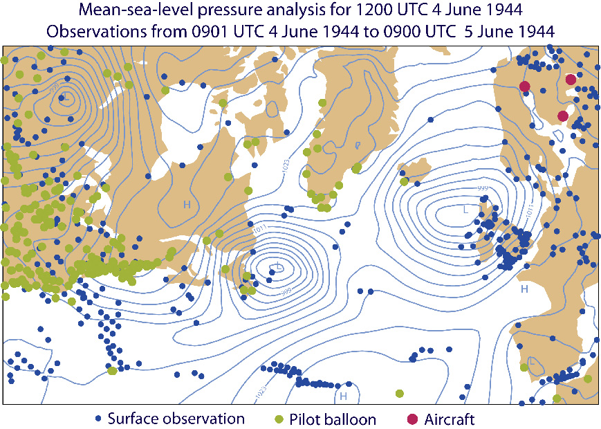 Locations of observations assimilated between 0901 UTC 4 June and 0900 UTC 5 June 1944, superimposed on the surface pressure analysis (contour interval 3 hPa) for 1200 UTC 4 June
