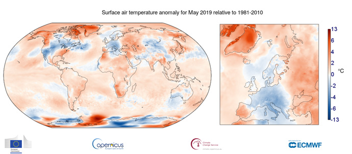 C3S May 2019 temperature anomaly maps