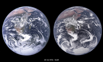 Figure 1 Blue Marble (left) and simulation (right) with the 1.25 km grid coupled atmosphere-ocean-land climate model ICON.