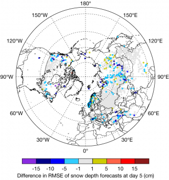 Difference in root-mean-square error of snow depth forecasts at day 5 (cm)