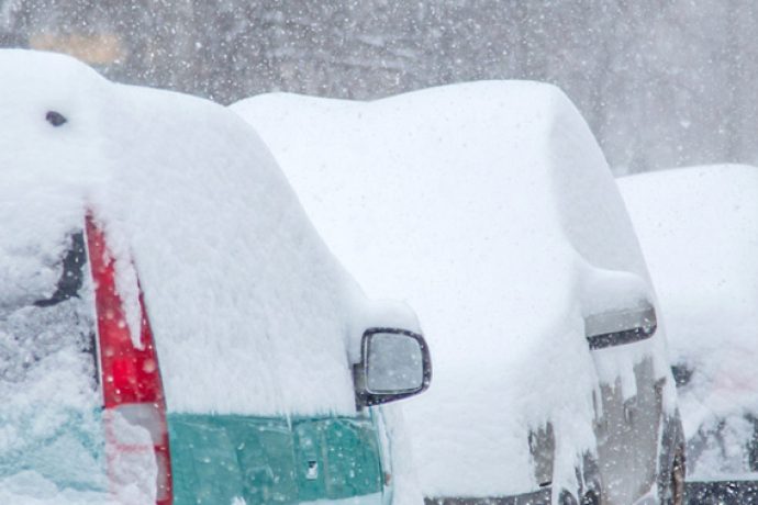Science blog banner, snow-covered cars