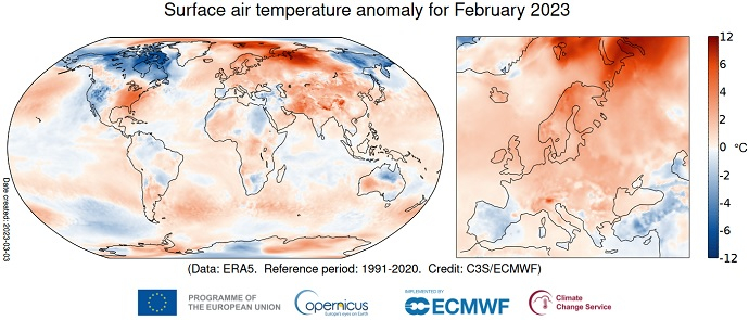 C3S surface air temperature anomaly Feb 2023 C3S surface air temperature anomaly Feb 2023