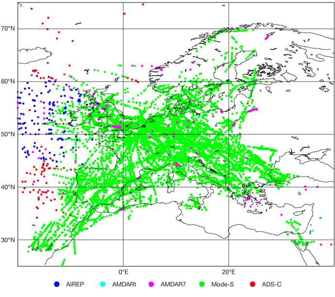The use of aircraft data over Europe for 30 minutes on 10 January 2024