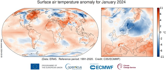 Surface air temperature anomaly for January 2023