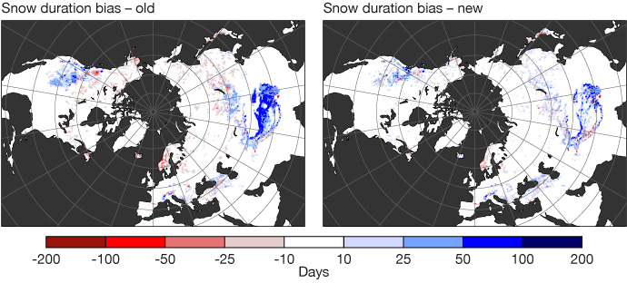 Biases of snow duration - old vs new Biases of snow duration - old vs new